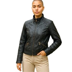 Danier Black Leather Moto Jacket Sz L Removable Lining Full Zip High Neck Biker